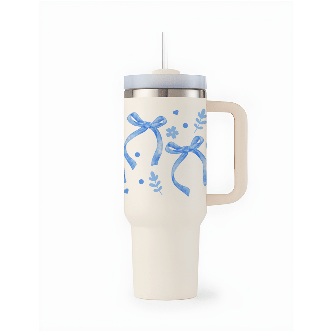 Cute Cottagecore Bow Tumbler - Memories InsiteBLUE BOW TUMBLER- ( WHITE )